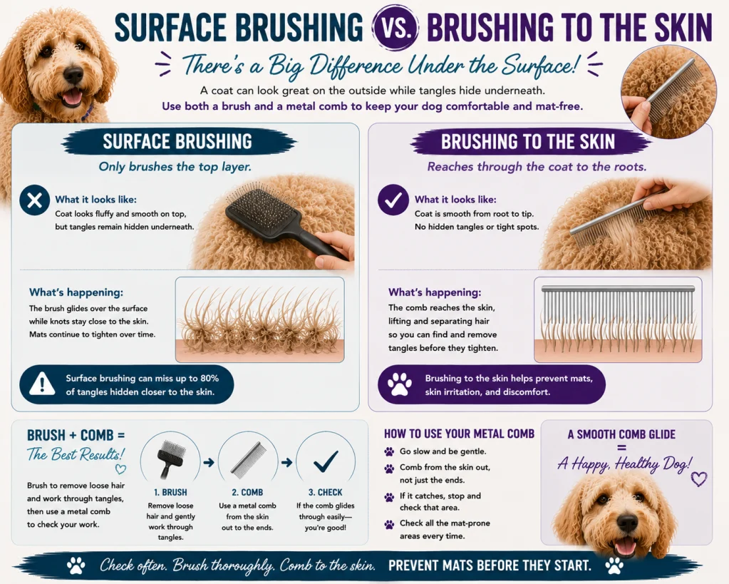 Surface brushing vs. brushing to the skin: infographic showing a brush missing hidden tangles and a metal comb checking down to the skin.