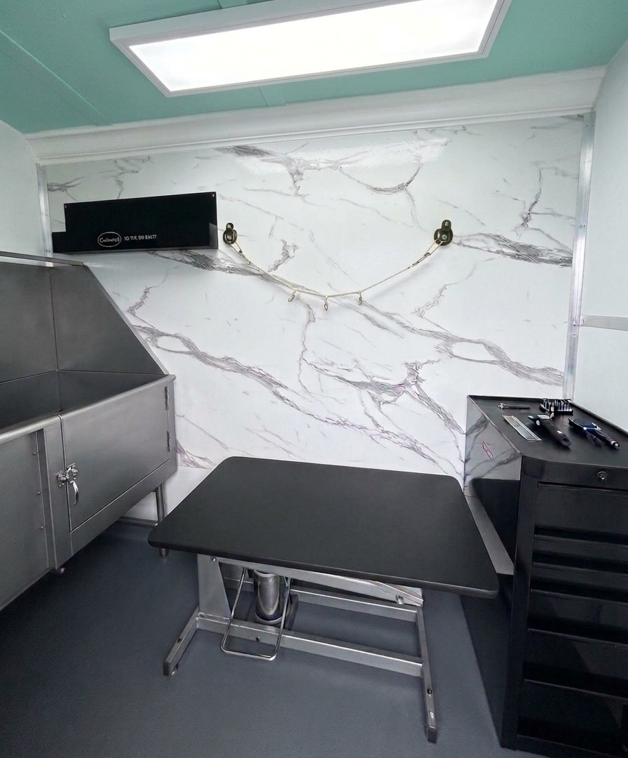 Inside the AZ Pet Stylist mobile grooming salon with marble walls, grooming tub, and hydraulic table