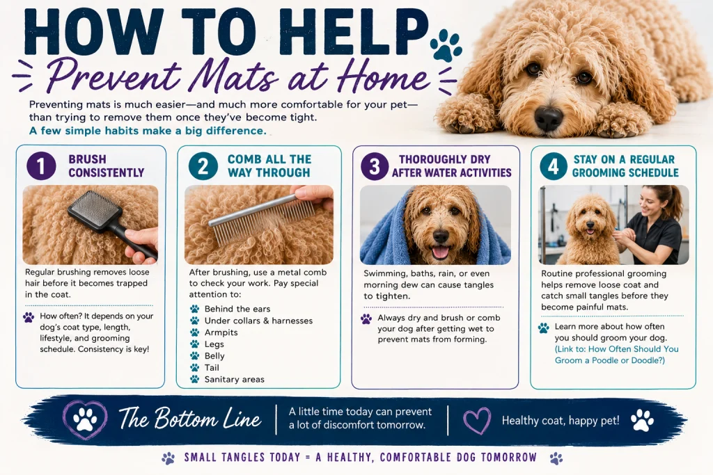 How to help prevent mats at home: four steps — brush consistently, comb all the way through, dry after water activities and keep a regular grooming schedule.