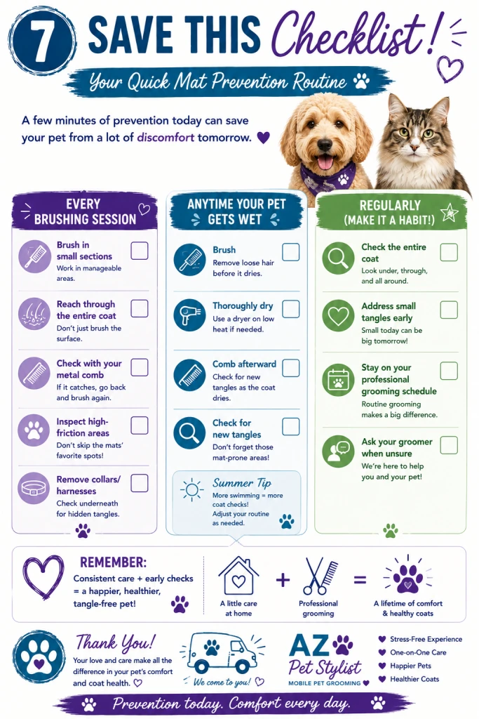 Quick mat prevention routine for every brushing session, after getting wet, and regular coat checks and grooming.