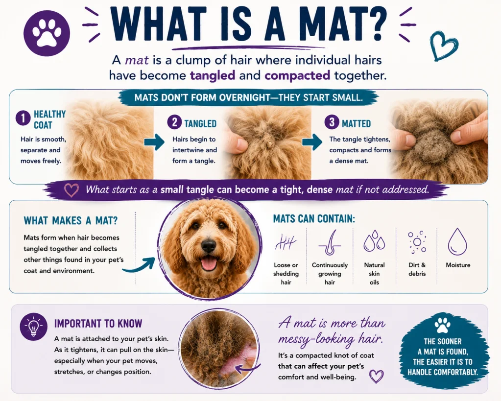 What is a mat? Infographic showing a healthy coat, a tangle and a matted coat, plus what a mat can contain.