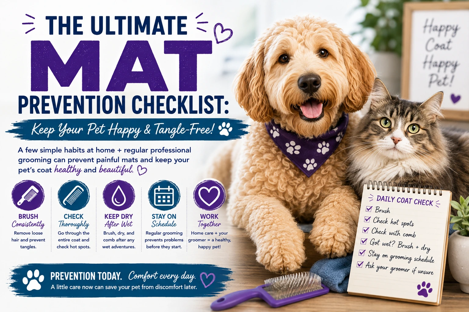 The Ultimate Mat Prevention Checklist: a dog and cat beside grooming tools and a daily coat-care checklist.