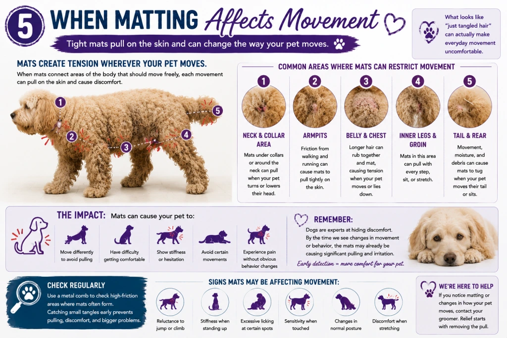 Infographic identifying mat-prone areas where tight coat can pull on skin and restrict comfortable movement.
