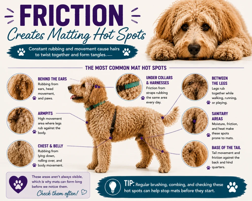 Friction creates matting hot spots: infographic marking behind the ears, armpits, chest, collar area, legs, sanitary area and tail base on a doodle.
