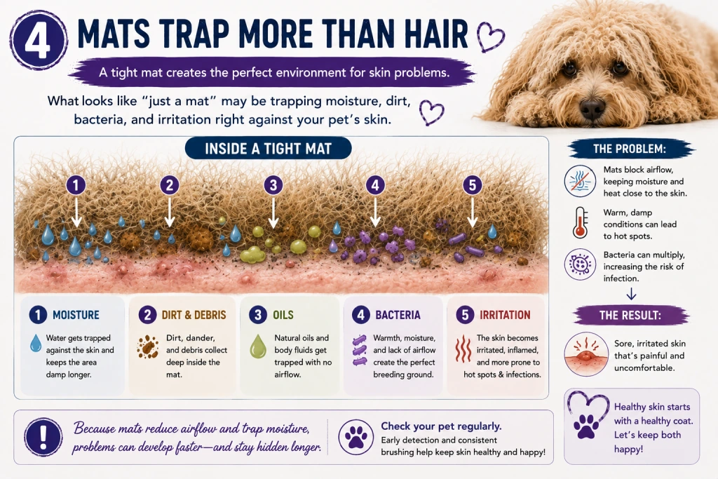 Mats trap more than hair: infographic explaining trapped moisture, reduced airflow, irritation, and hidden skin problems.