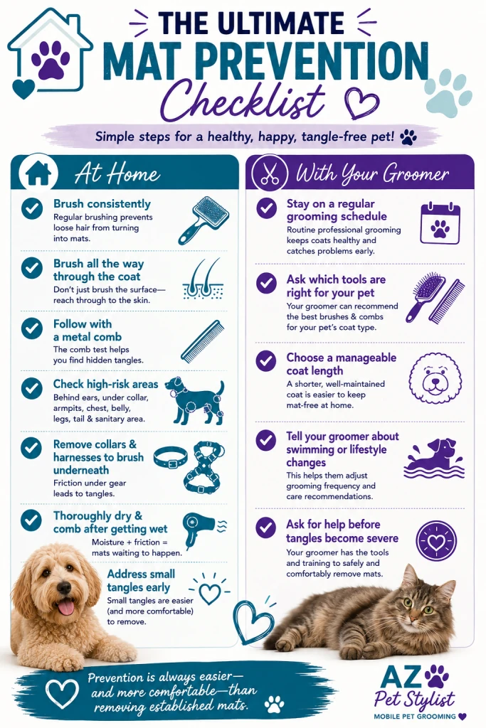 Mat prevention checklist for home brushing, metal comb checks, collars and harnesses, drying, and regular professional grooming.