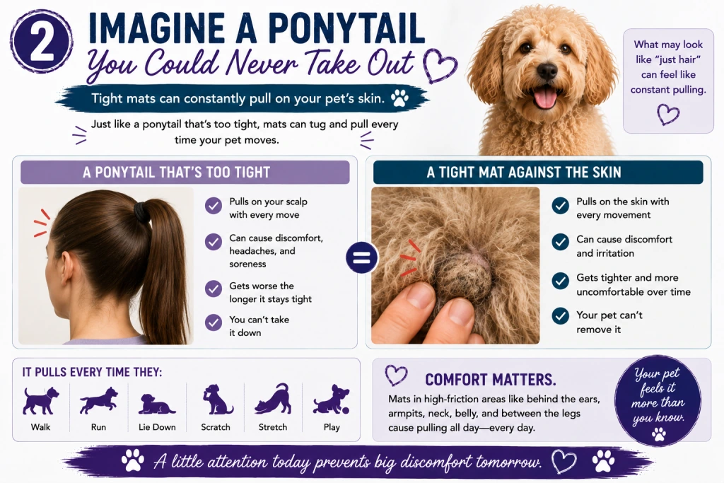 Infographic comparing the constant pulling of a tight ponytail with a tight mat against a dog’s skin.