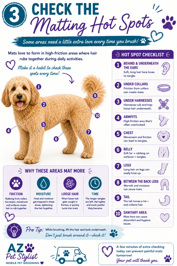 Dog matting hot spots behind the ears, under collars and harnesses, armpits, chest, belly, legs, tail and sanitary area.