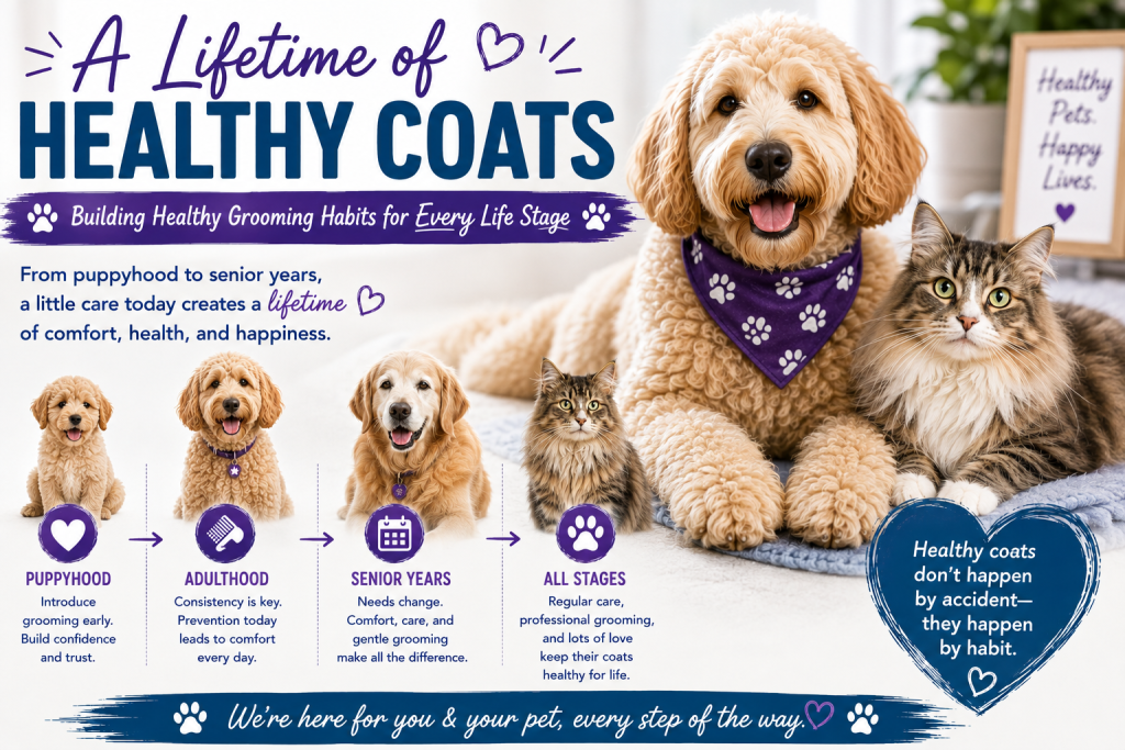 Infographic showing A Lifetime of Healthy Coats across puppyhood, adulthood, senior years, and all stages, with a dog and cat and the message that healthy coats happen by habit, not by accident