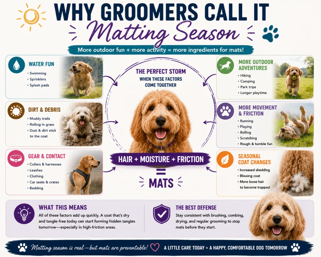 Why groomers call it matting season: infographic showing how summer swimming, dirt, gear and seasonal shedding combine to cause mats.