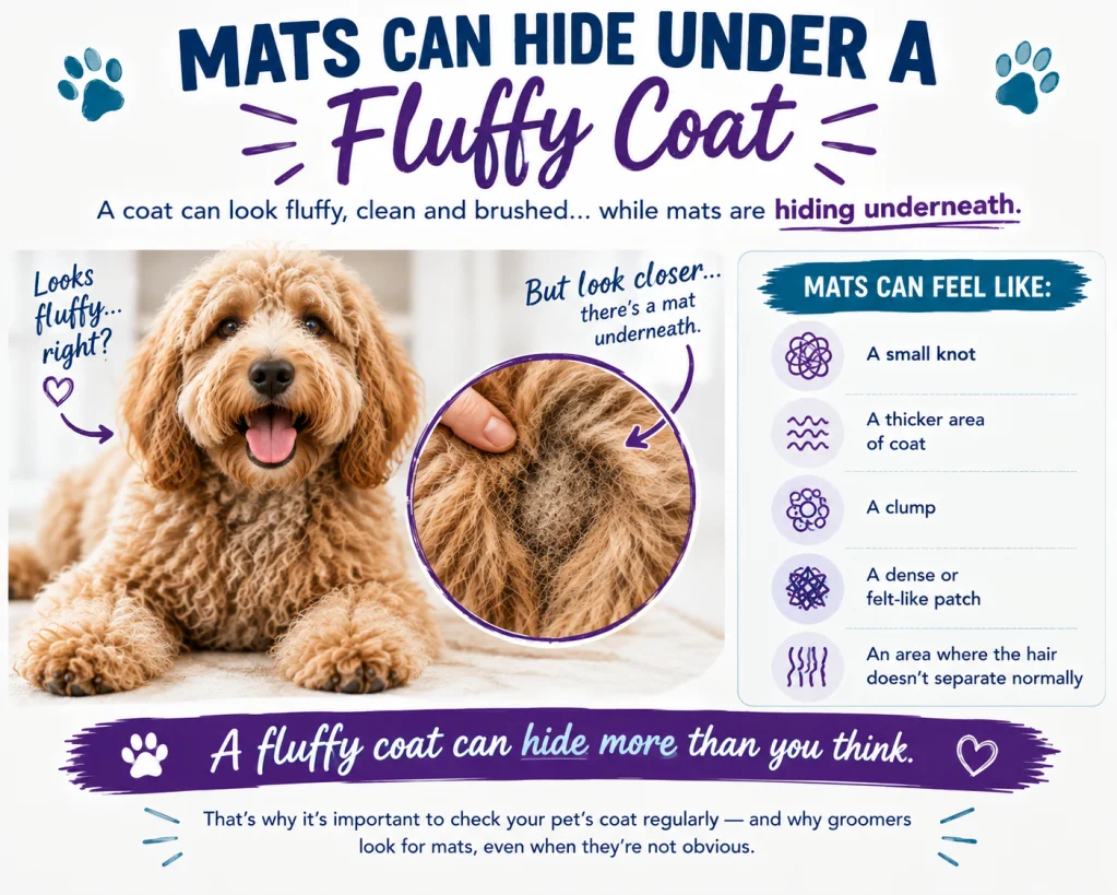 Mats can hide under a fluffy coat: infographic of a fluffy doodle with a close-up of hidden mats and what mats feel like.