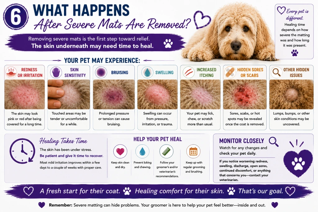 What happens after severe mats are removed: infographic about skin sensitivity, monitoring, and signs that need veterinary care.