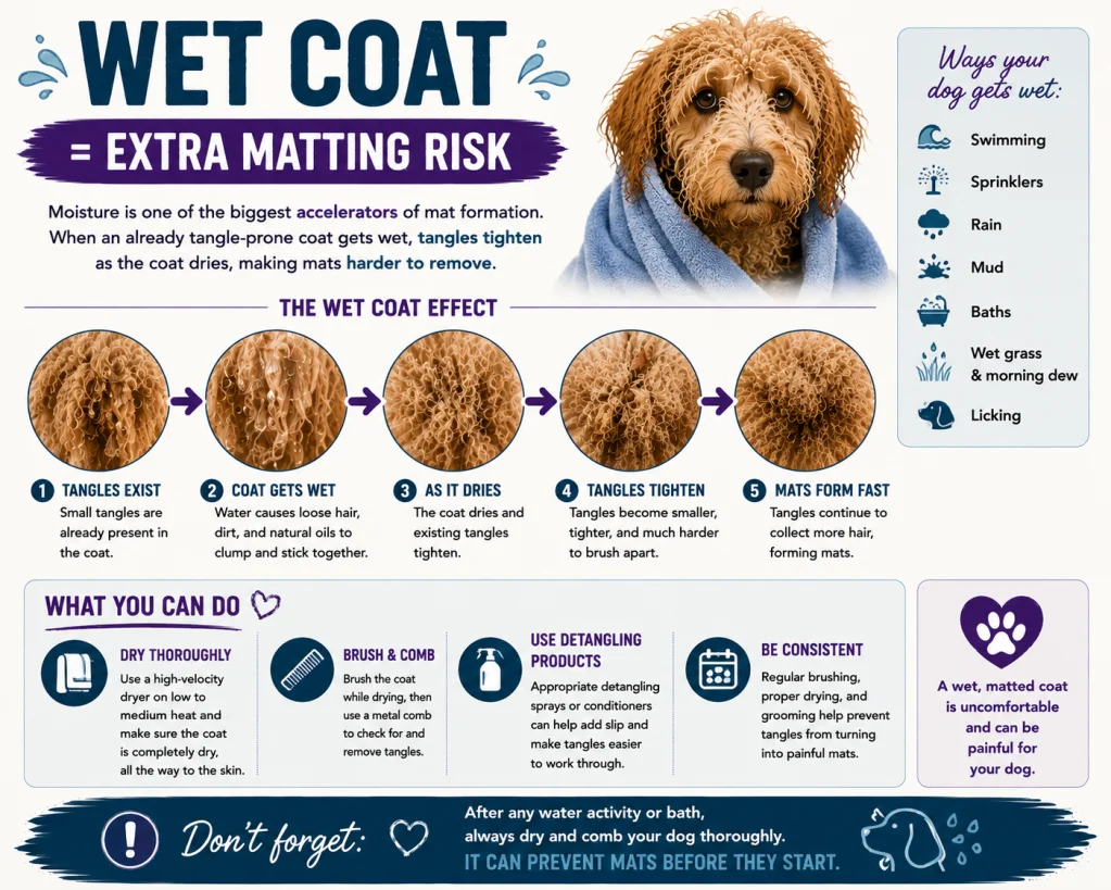 Wet coat equals extra matting risk: infographic showing how tangles tighten as a wet coat dries, with tips for drying and brushing.