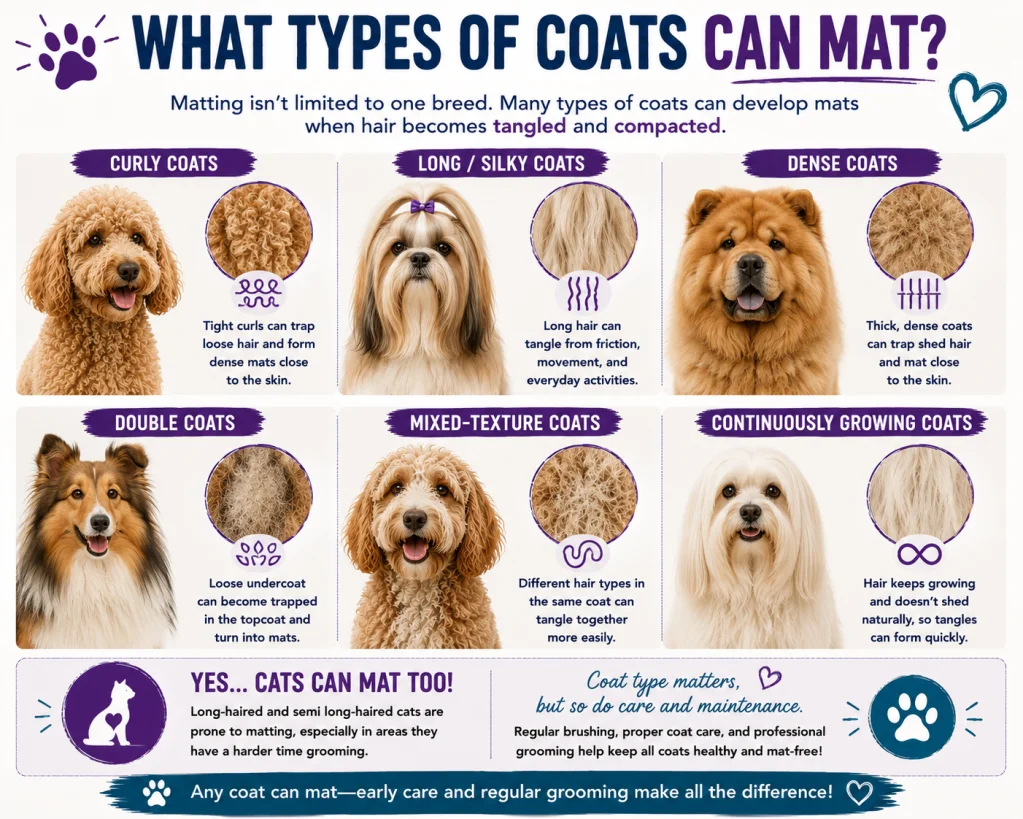 What types of coats can mat? Infographic showing curly, long and silky, dense, double, mixed-texture and continuously growing coats.