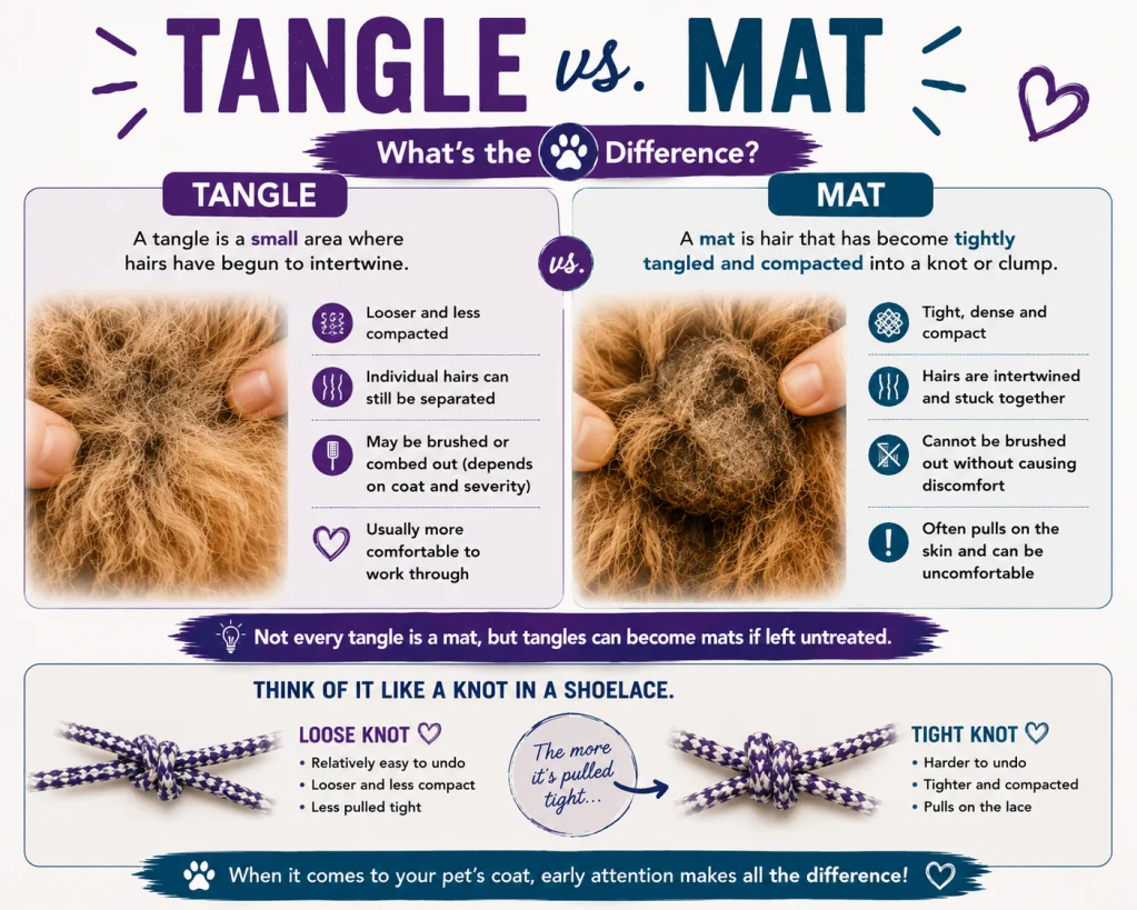 Tangle vs. mat infographic comparing loose tangles with tight, compacted mats, illustrated with a loose and tight shoelace knot.