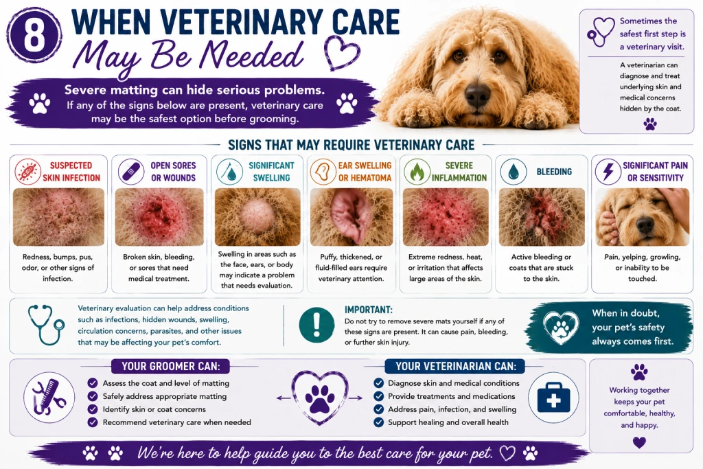 When veterinary care may be needed: infographic listing open sores, swelling, bleeding, severe pain, and suspected skin infection.