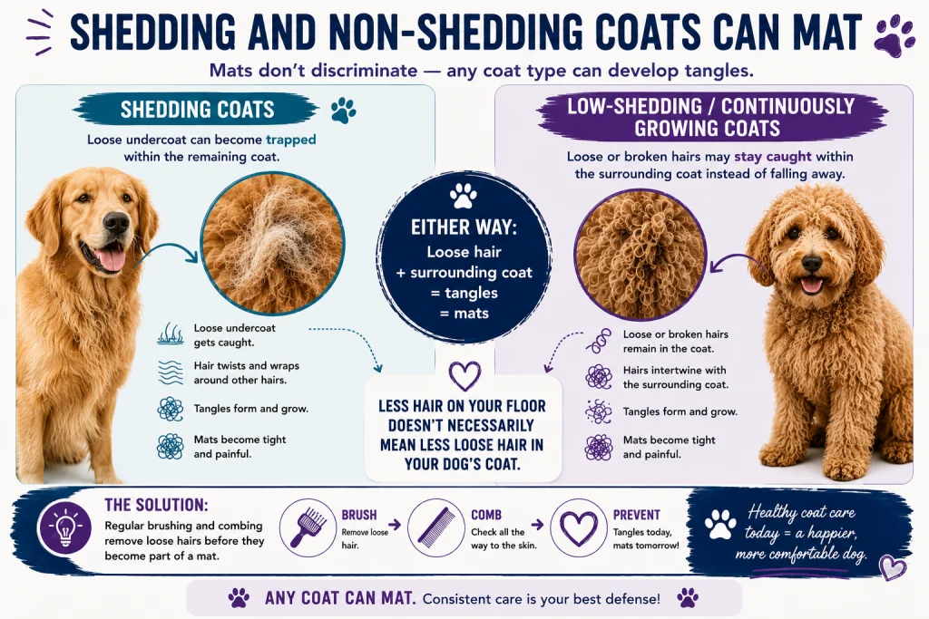 Infographic comparing shedding coats and low-shedding continuously growing coats, showing how both trap loose hair and form mats.
