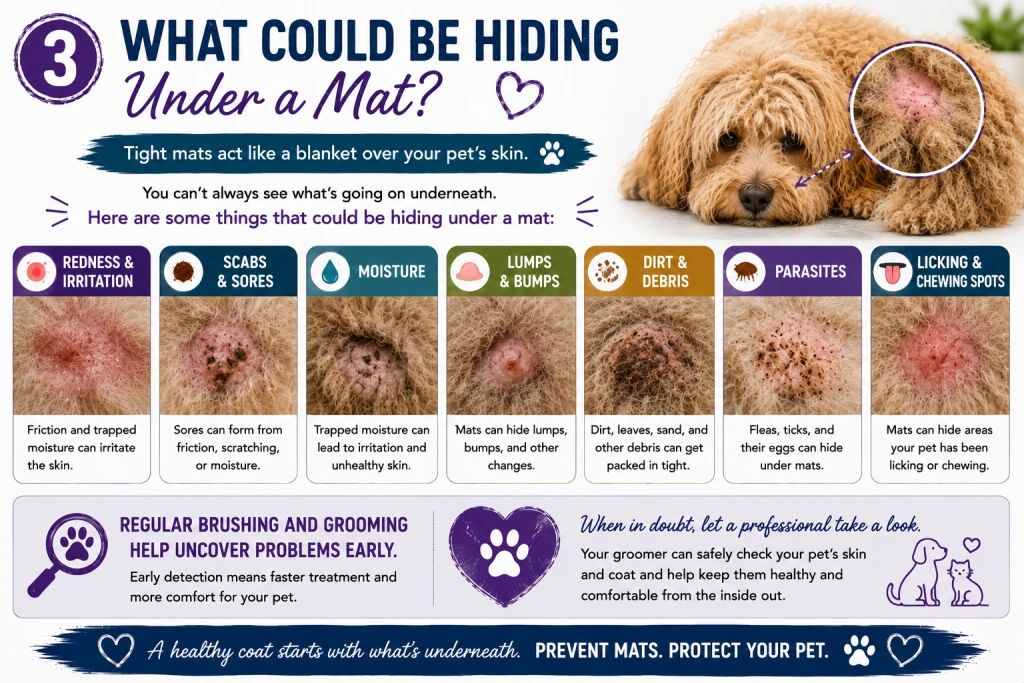 What could be hiding under a mat: educational infographic about redness, sores, moisture, lumps, debris, and parasites.