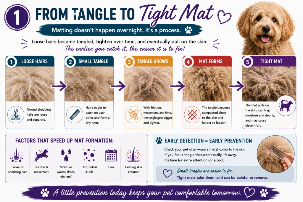 From tangle to tight mat: infographic showing how loose hair, friction, moisture, dirt, and time compact a coat.