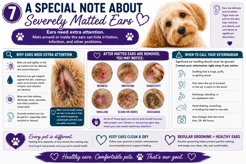 Educational infographic showing why severely matted ears require care and when swelling needs veterinary attention.