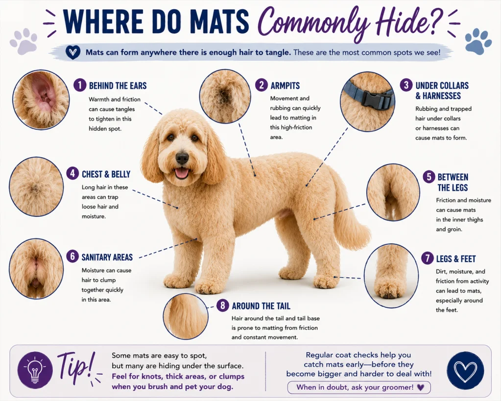 Where do mats commonly hide? Infographic marking behind the ears, armpits, collar area, chest, between the legs, sanitary area, legs and tail on a doodle.