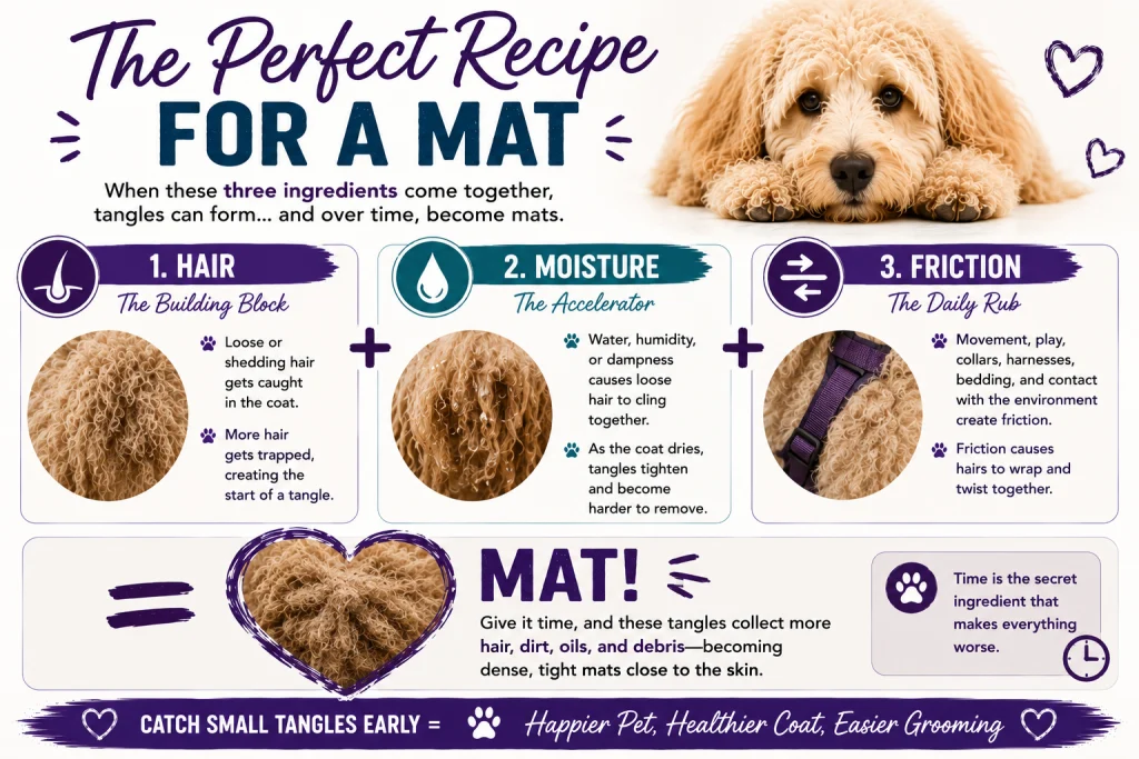 The perfect recipe for a mat: infographic showing hair, moisture and friction combining into a dense mat over time.
