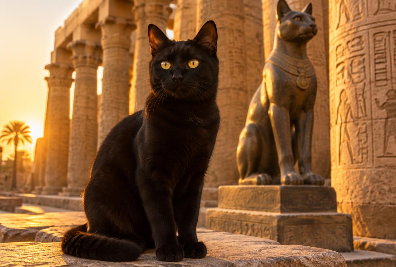 A black cat with ancient Egyptian imagery honoring the cat goddess Bastet.