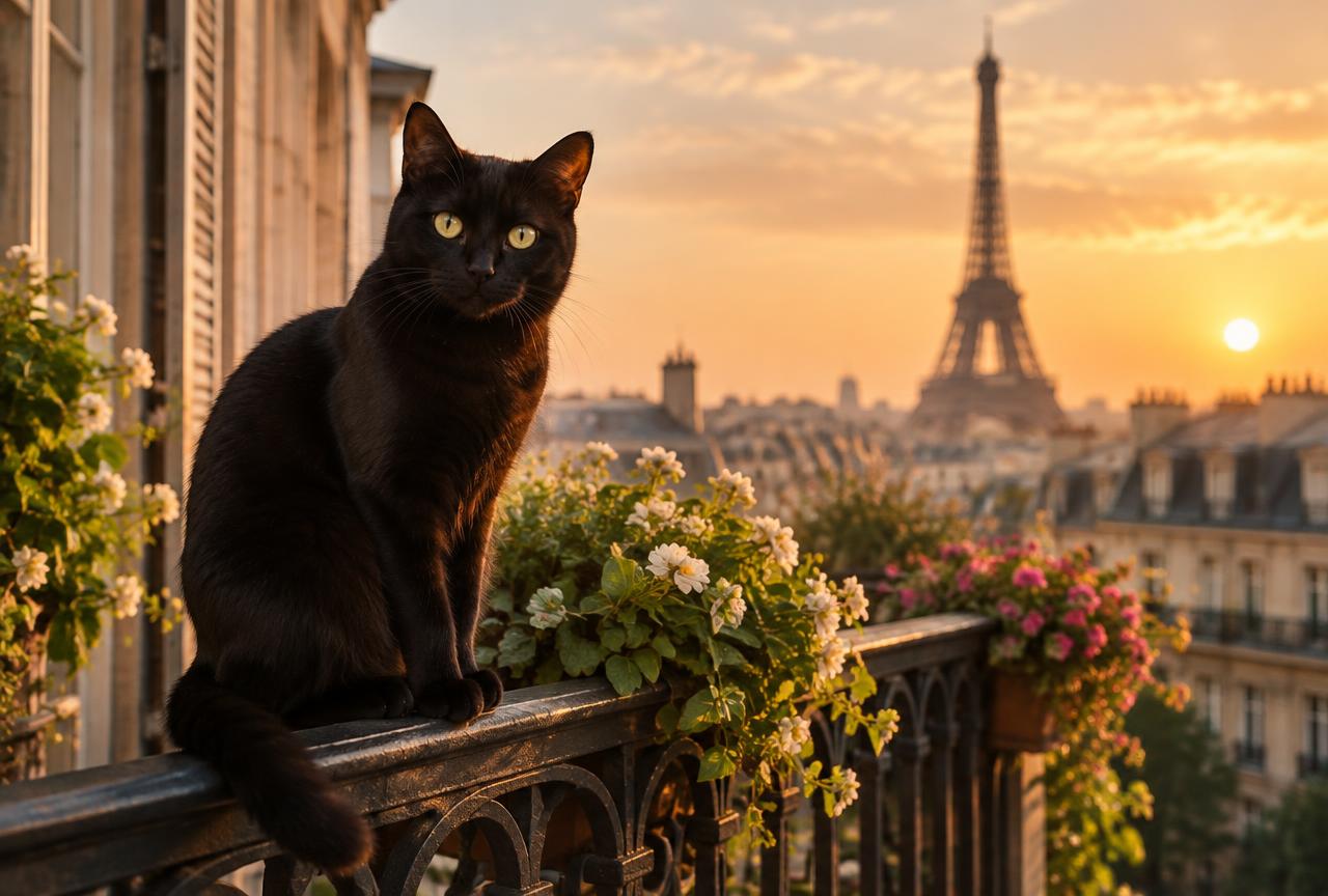 A black cat in a French setting representing the folklore of the fortune-bringing matagot.