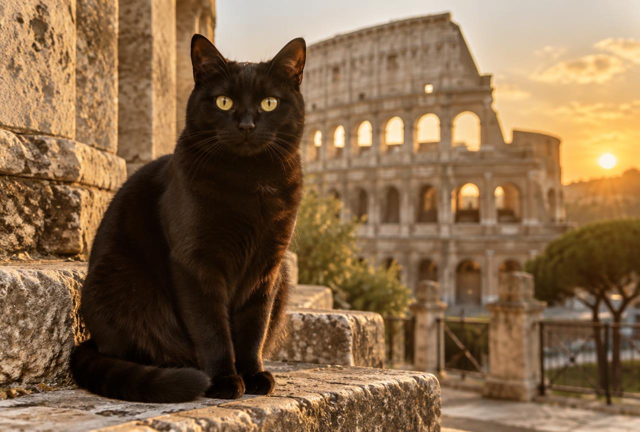 A black cat in an Italian setting, illustrating the folklore of the lucky cat sneeze.