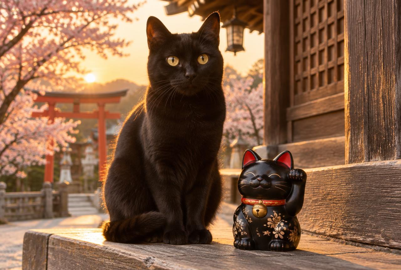 A black maneki-neko beckoning cat figurine among pink cherry blossoms.