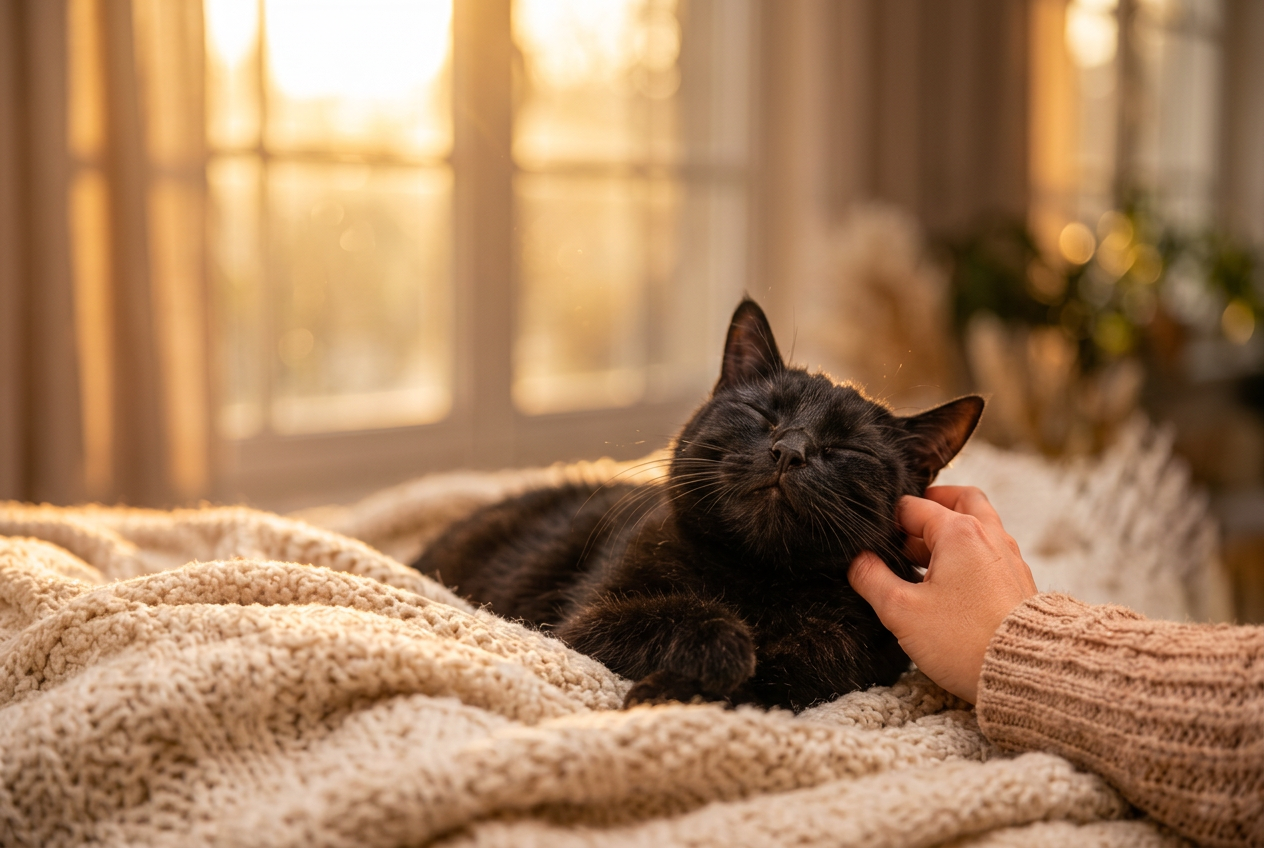 A content black cat with eyes closed enjoying a gentle chin scratch on a cozy blanket.