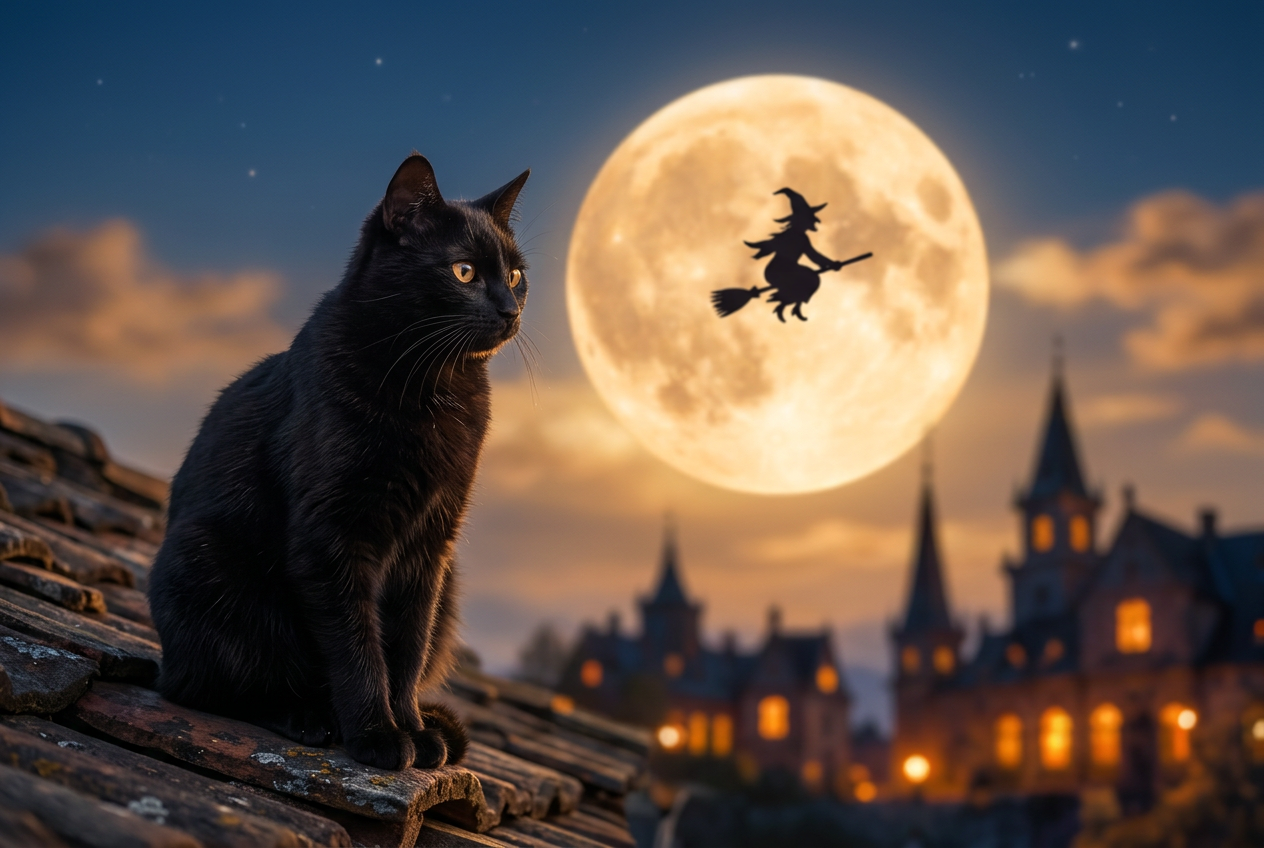 A black cat beneath a full moon with a witch silhouette flying past, evoking Halloween folklore.