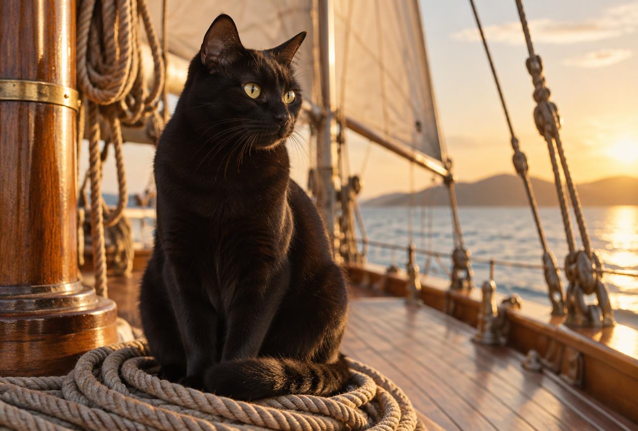 A black ship's cat aboard a sailing vessel, a symbol of safe passage in maritime folklore.