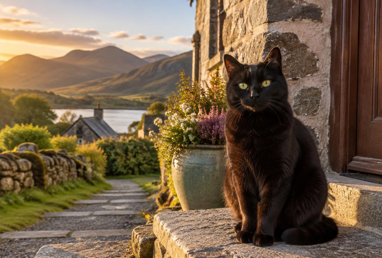 A black cat sitting on the doorstep of a Scottish stone cottage with Highland hills behind.