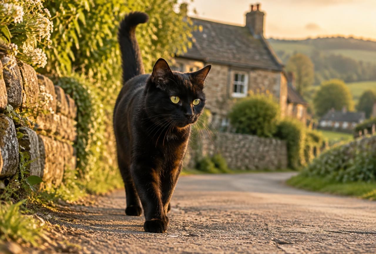 A black cat walking down an English village lane past stone walls.