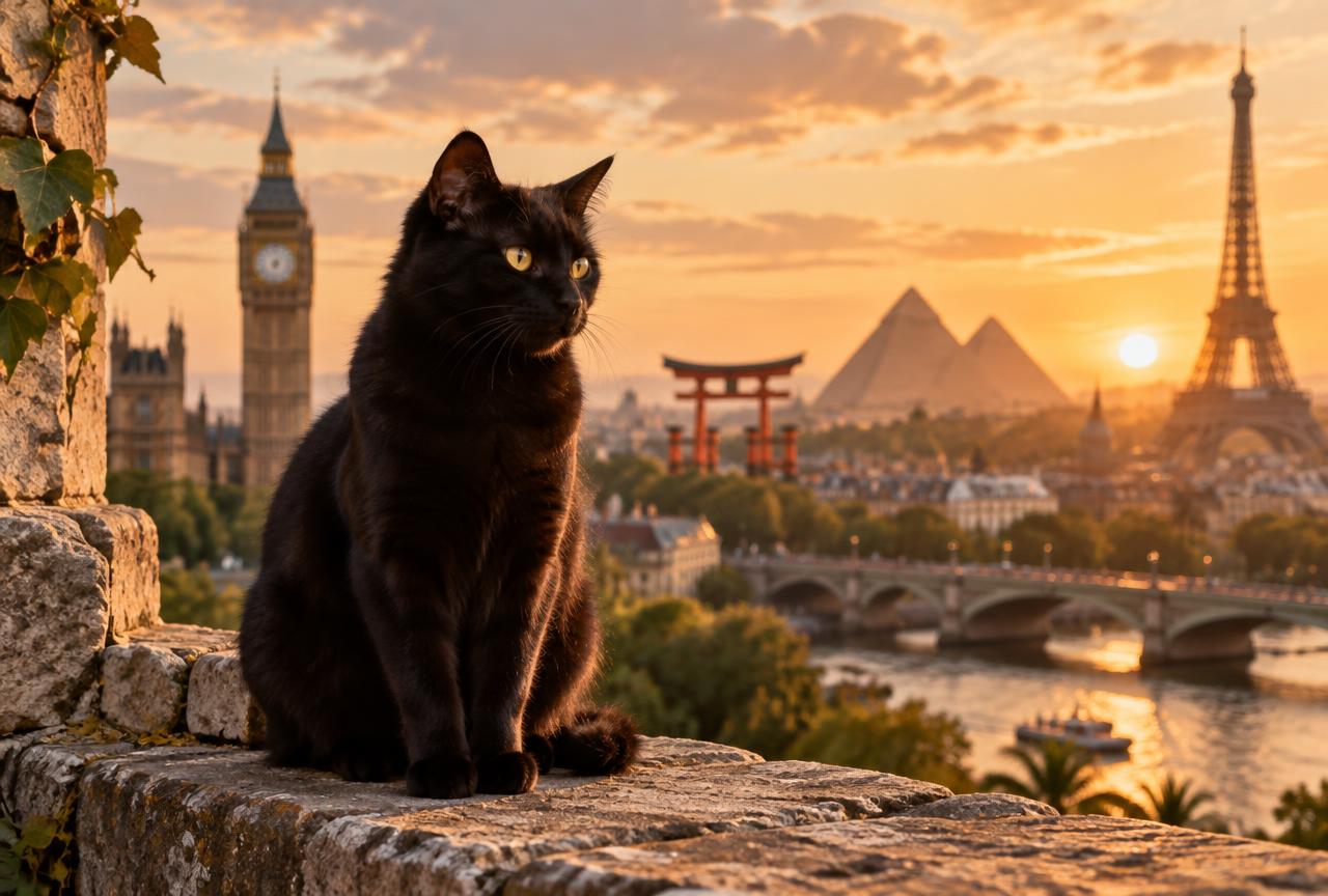 A black cat in front of world landmarks including Big Ben, a Japanese torii gate and the Egyptian pyramids.