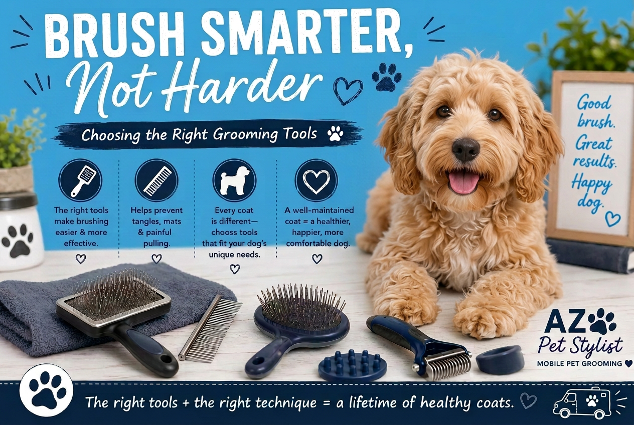 Brush Smarter, Not Harder: choosing the right grooming tools, featuring a fluffy dog beside slicker and pin brushes, a metal comb and coat-care tools.