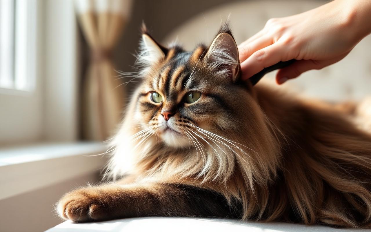 A calm cat receiving a gentle bath and brushing inside a quiet mobile grooming salon