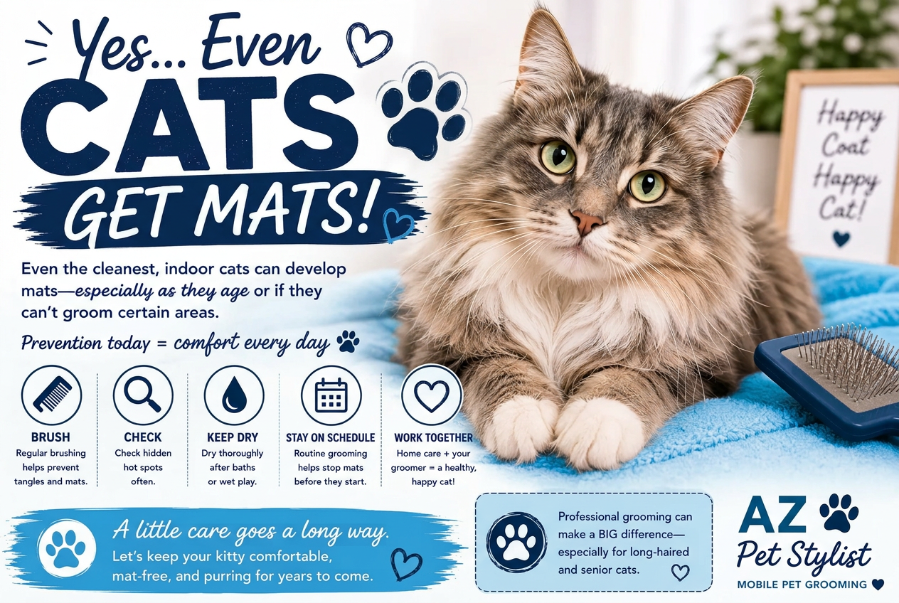 Fluffy cat with the headline Yes… Even Cats Get Mats! from AZ Pet Stylist