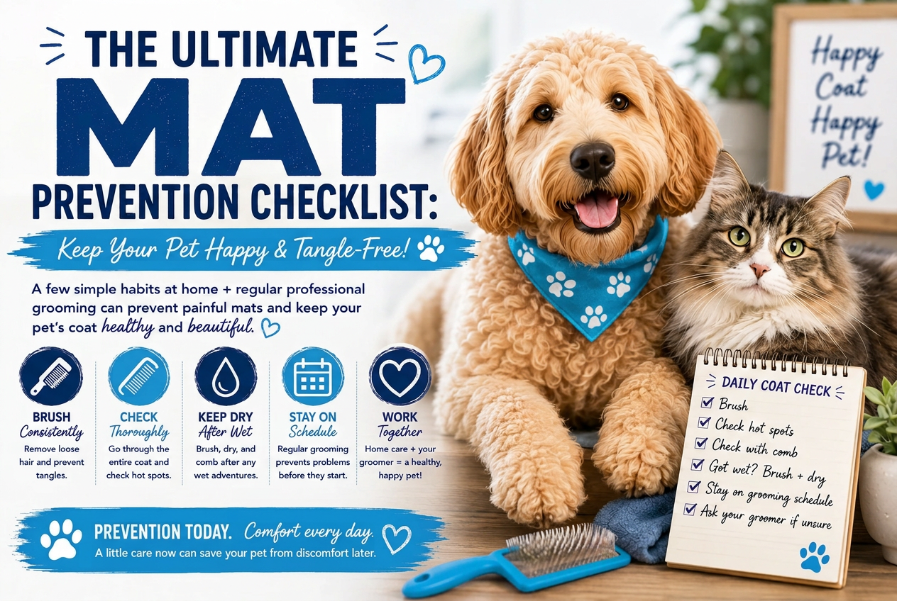 The Ultimate Mat Prevention Checklist: a dog and cat beside grooming tools and a daily coat-care checklist.
