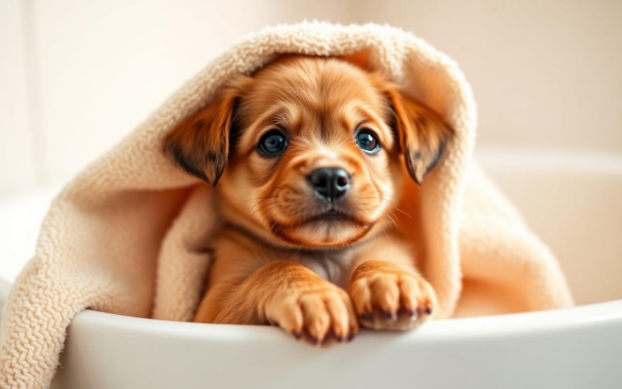 A fluffy puppy being gently introduced to grooming tools during a mobile spa visit