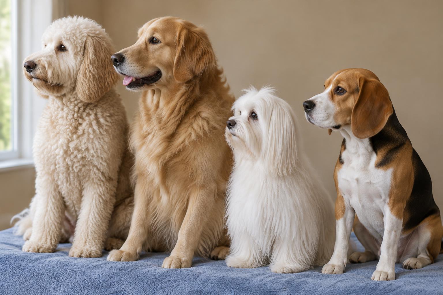 AI-generated photo of four dogs sitting in a row, showing a curly doodle coat, a double-coated retriever, a silky maltese and a smooth beagle.