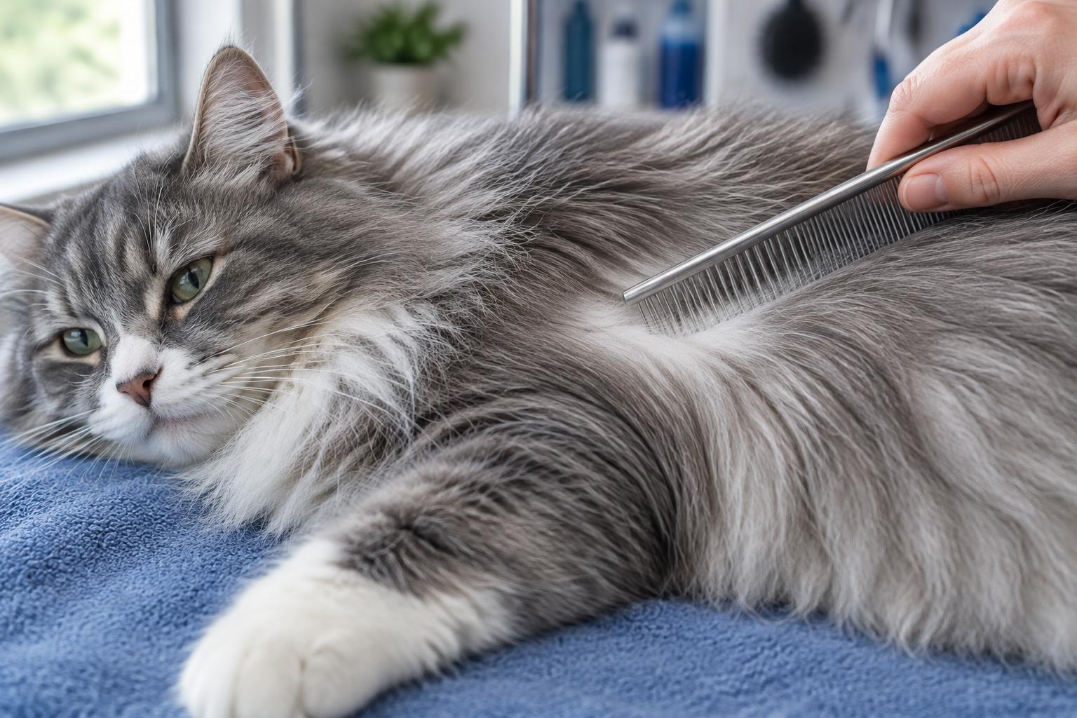 AI-generated close-up of a calm long-haired cat lying on a blue towel while a metal comb is drawn through the coat in the direction the fur grows.