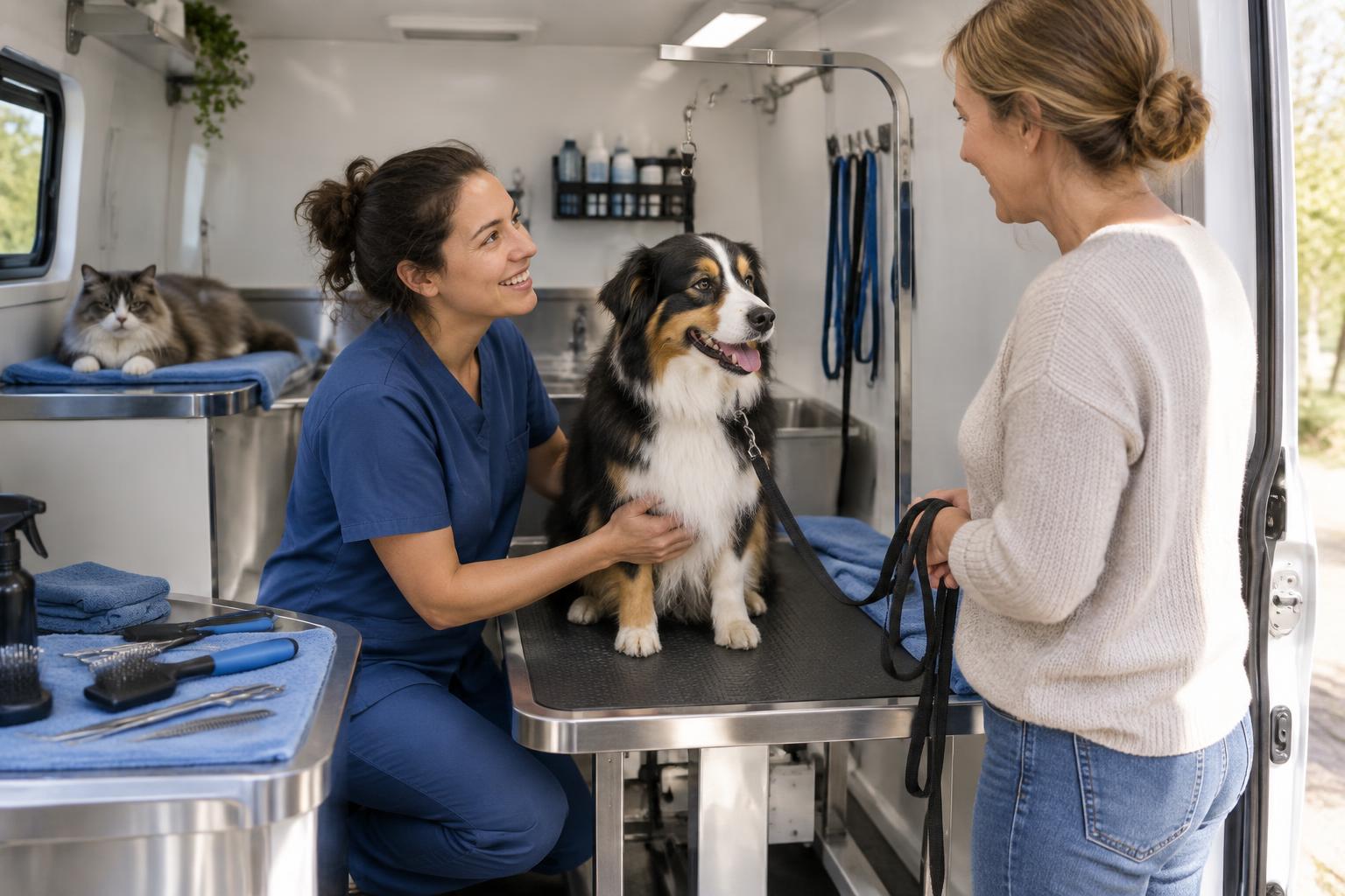 AI-generated photo of a groomer talking with a client beside a dog on a grooming table inside a mobile salon, with a cat resting nearby.