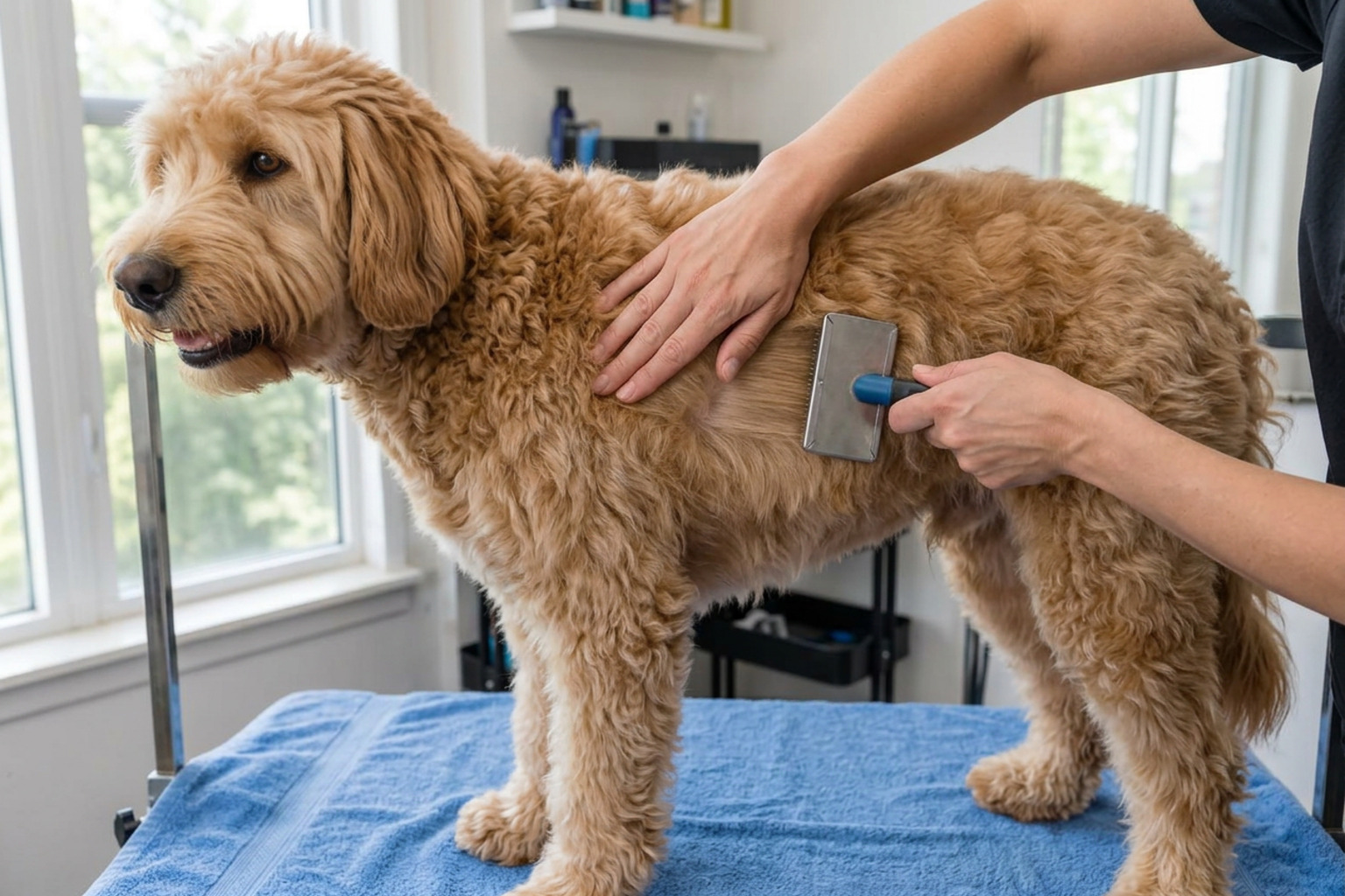 AI-generated picture of a happy golden Doodle standing on a grooming table while a groomer's flat palm pushes the top coat aside and a slicker brush, pins down into the fur, works through the exposed undercoat in the direction the fur grows.