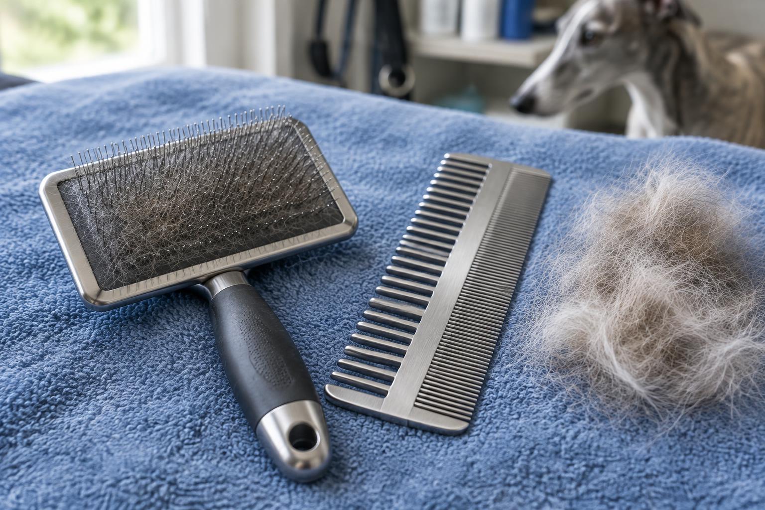 AI-generated close-up of a slicker brush and a metal grooming comb with coarse and fine teeth resting on a blue towel beside loose fur.