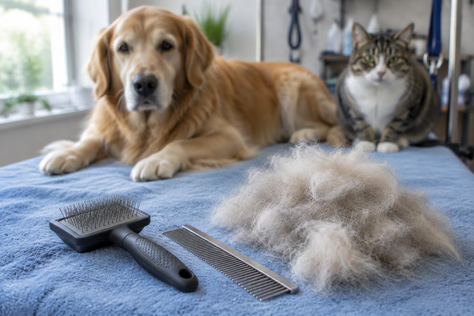 AI-generated close-up of a slicker brush, a metal comb and a pile of loose fur brushed out of a coat, with a dog resting on the table behind.