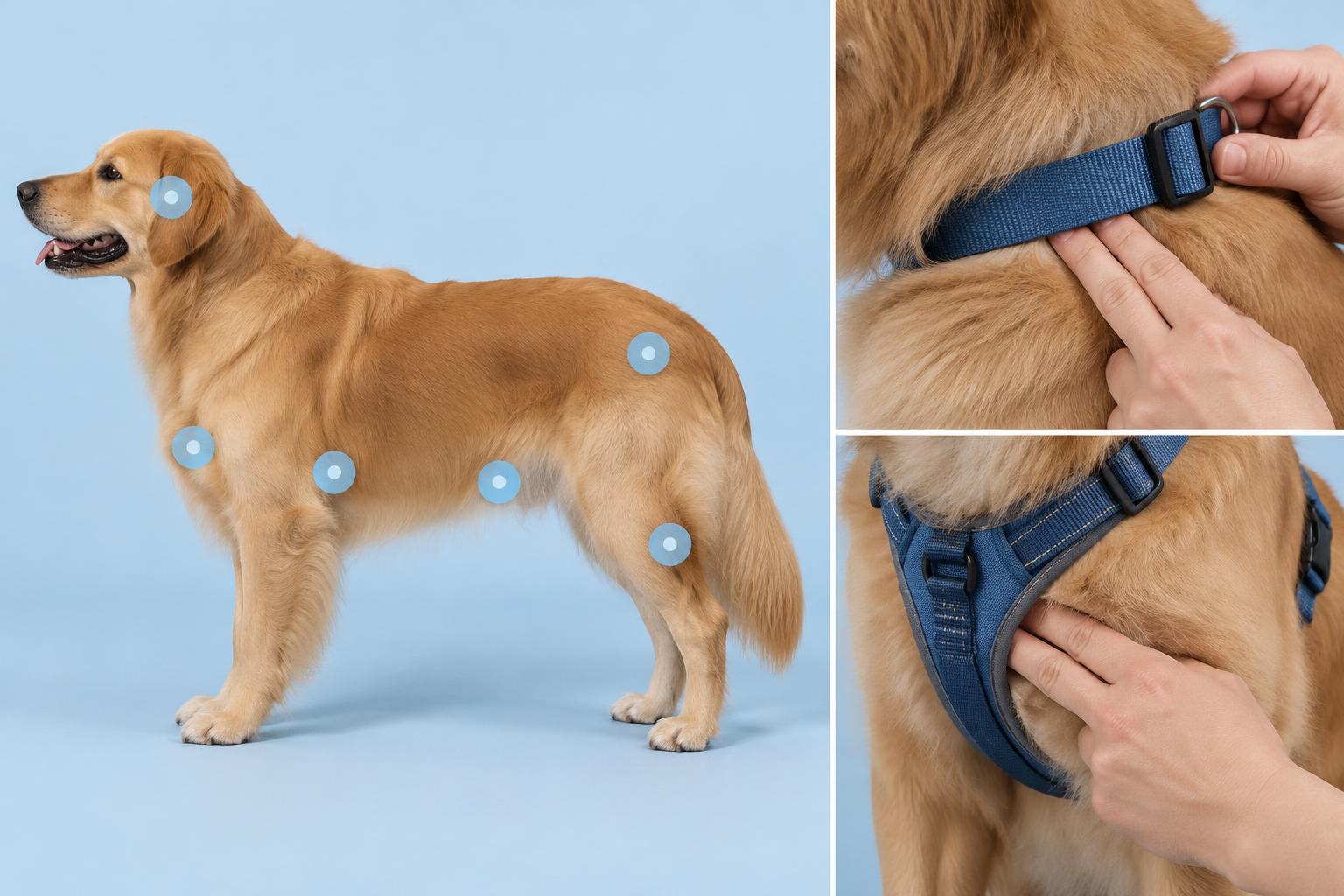 AI-generated graphic showing a golden retriever with six markers on the ears, chest, armpits, belly, hips and hind legs, plus close-ups of two fingers checking the fit under a collar and a harness.