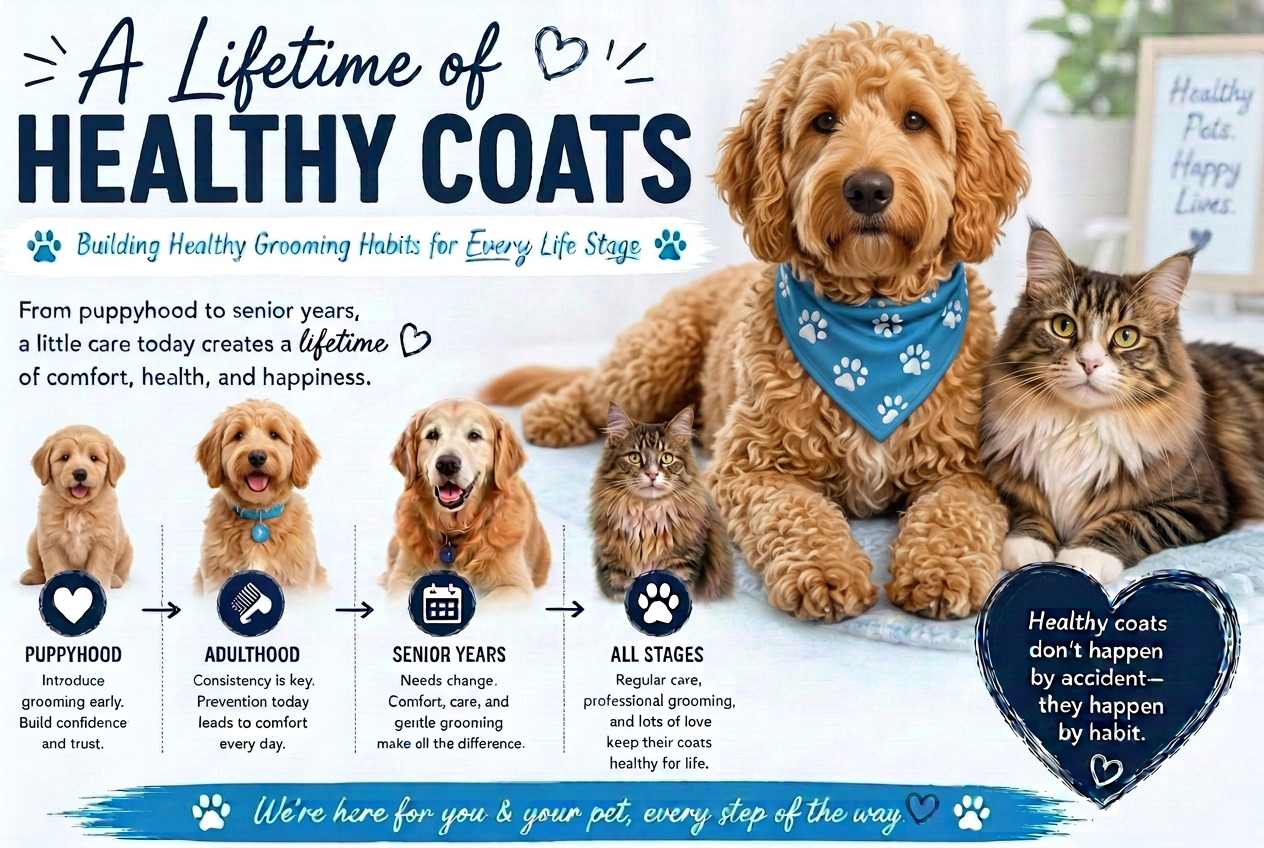 Infographic showing A Lifetime of Healthy Coats across puppyhood, adulthood, senior years, and all stages, with a dog and cat and the message that healthy coats happen by habit, not by accident