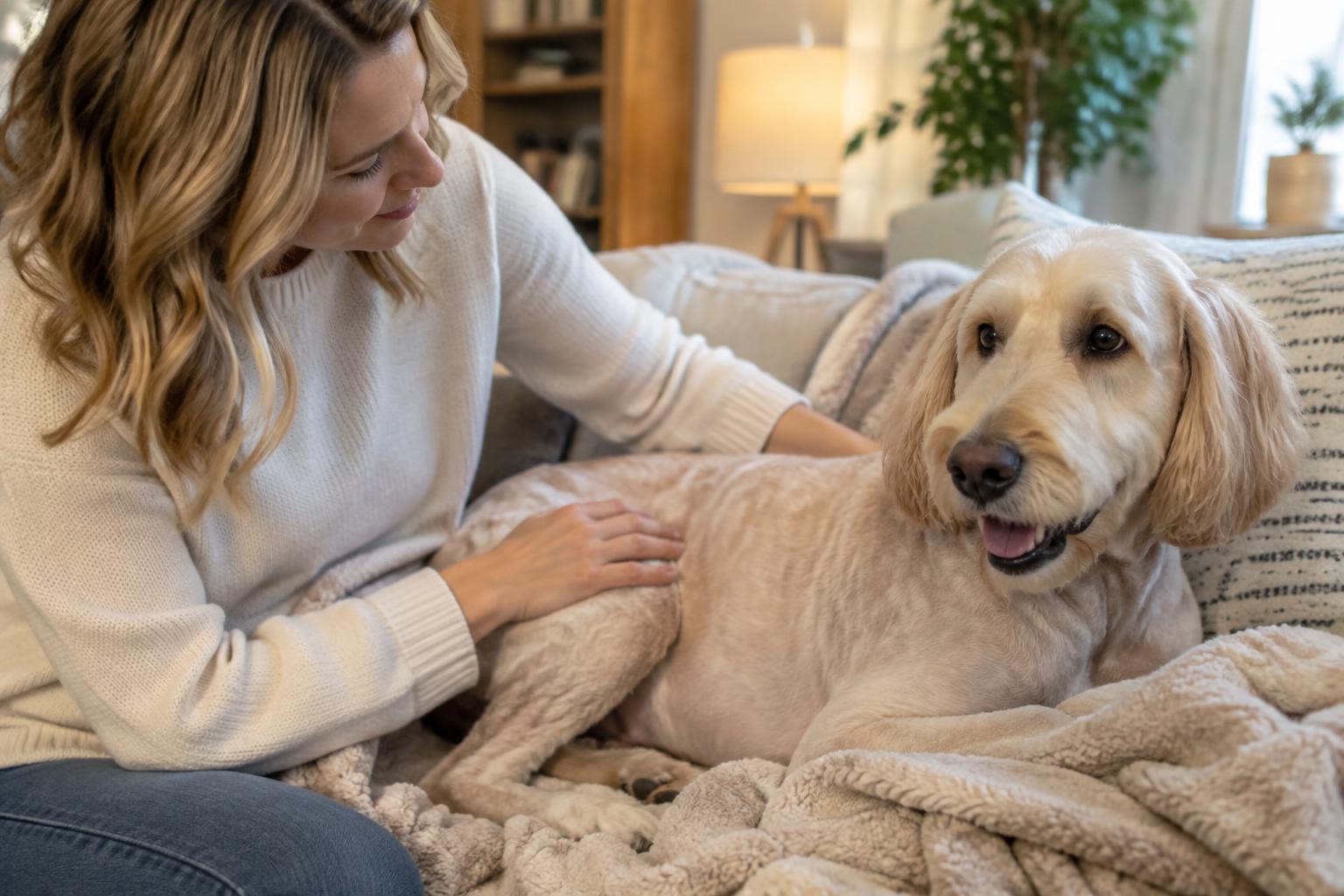 Owner gently petting a happy, freshly shaved doodle resting on a blanket at home after mat removal.